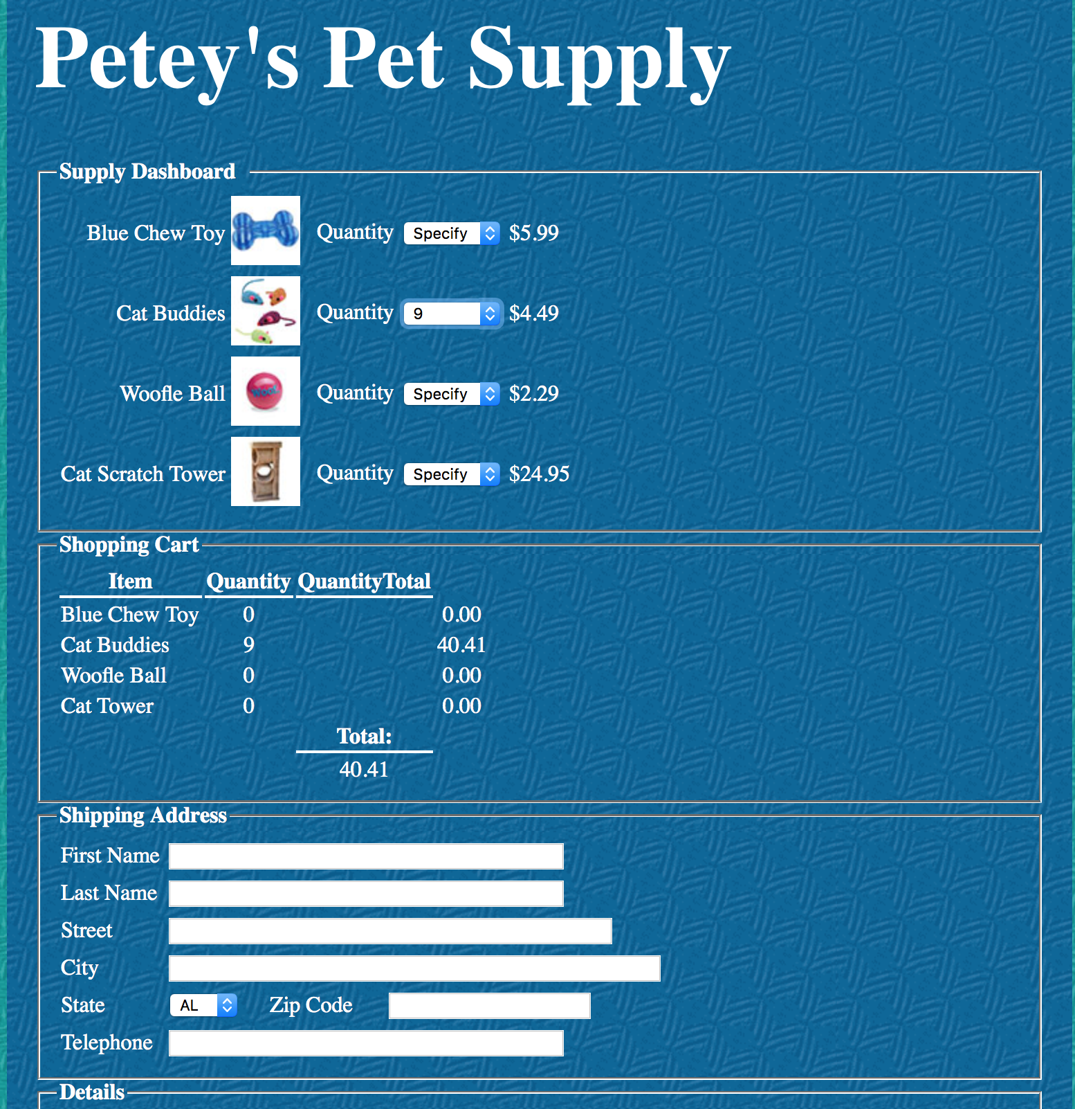 Pet shop shopping cart website